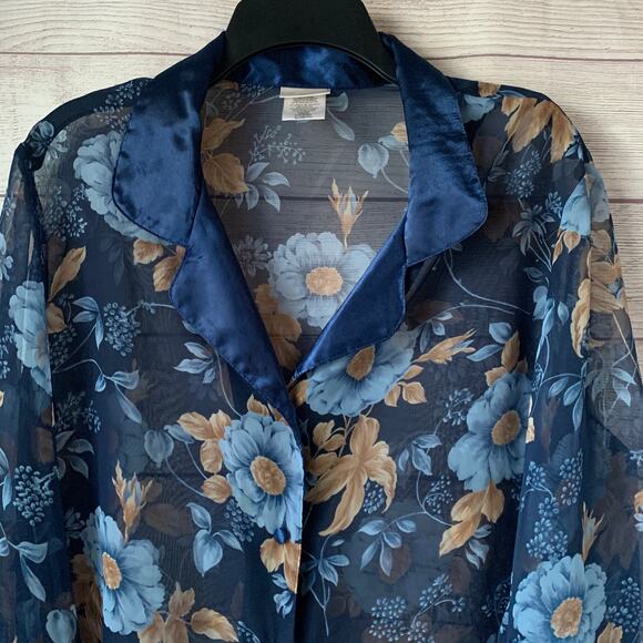 Secret Treasures Blue Floral Sheer Pajama Top Button Up Front Satin Trim Size L - Picture 3 of 15